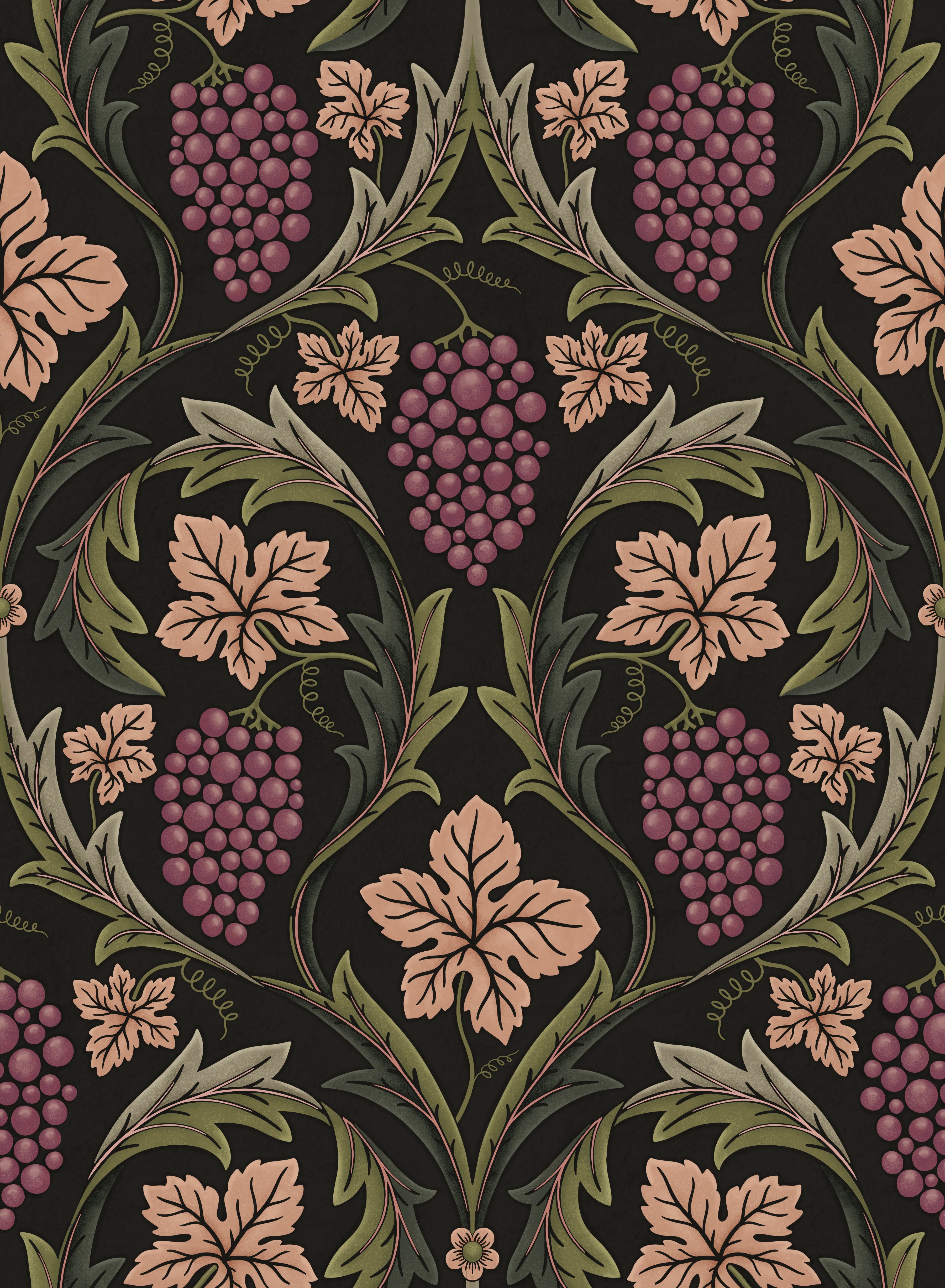 Decorative pattern with purple grapes and green leaves on a black background